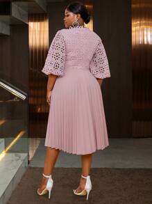 Lace Pleated Dresses Half Lantern Sleeves Hollow Out Elegant Midi Wedding Guest,Graduation Outfit - Dusty Pink - View 3