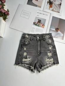 Mid-Waist Skinny Stretch Shorts - Distressed Frayed Hem, Showcasing Fashionable Style - Light Grey - View 3