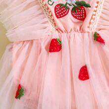 Baby Girls First Birthday Outfit 1st Birthday Party Dress Newborn Fairy Tulle Tutu Romper Dress Floral Embroidery Bodysuit Cake Smash Dresses - Pink Strawberry - 查看 4