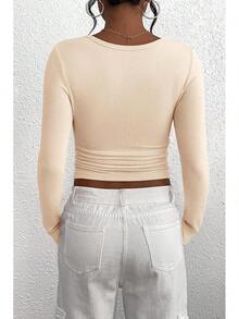 Women's 2025 Fall Long Sleeve Henley Shirts Button Ribbed Knit Casual Basic Tops Blouse - 米色 - 查看 2