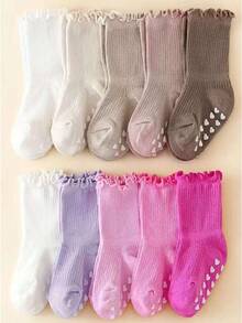 5双婴儿袜，带抓地力，袖口无束缚，荷叶边公主袜，适合0-5岁女婴