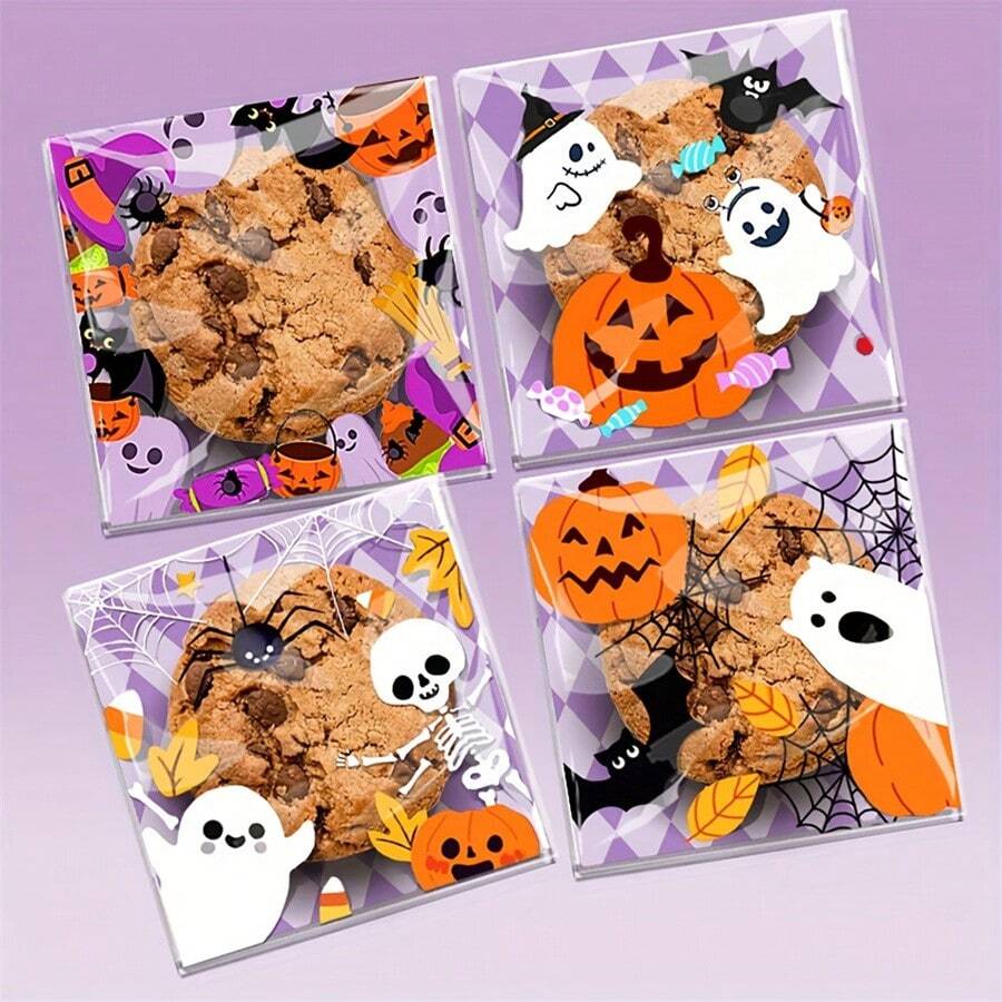 300 Pack Cartoon Pumpkin Ghost Halloween Cookie Candy Self-Seal Gift Bags - Plastic Party Favors Bags With Assorted Patterns For Treats And Snacks(100/300pack) - Multicolor - View 1