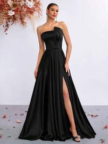 Elisanya Vestido de gala para fiesta con espalda descubierta y cintura fruncida con lazo - Negro - Ver 7