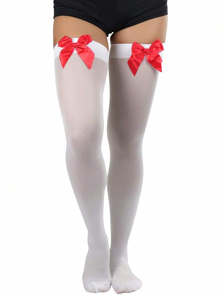 1pc Minimalist Bow Decor Smooth Soft Over-The-Knee Socks - Red - View 1