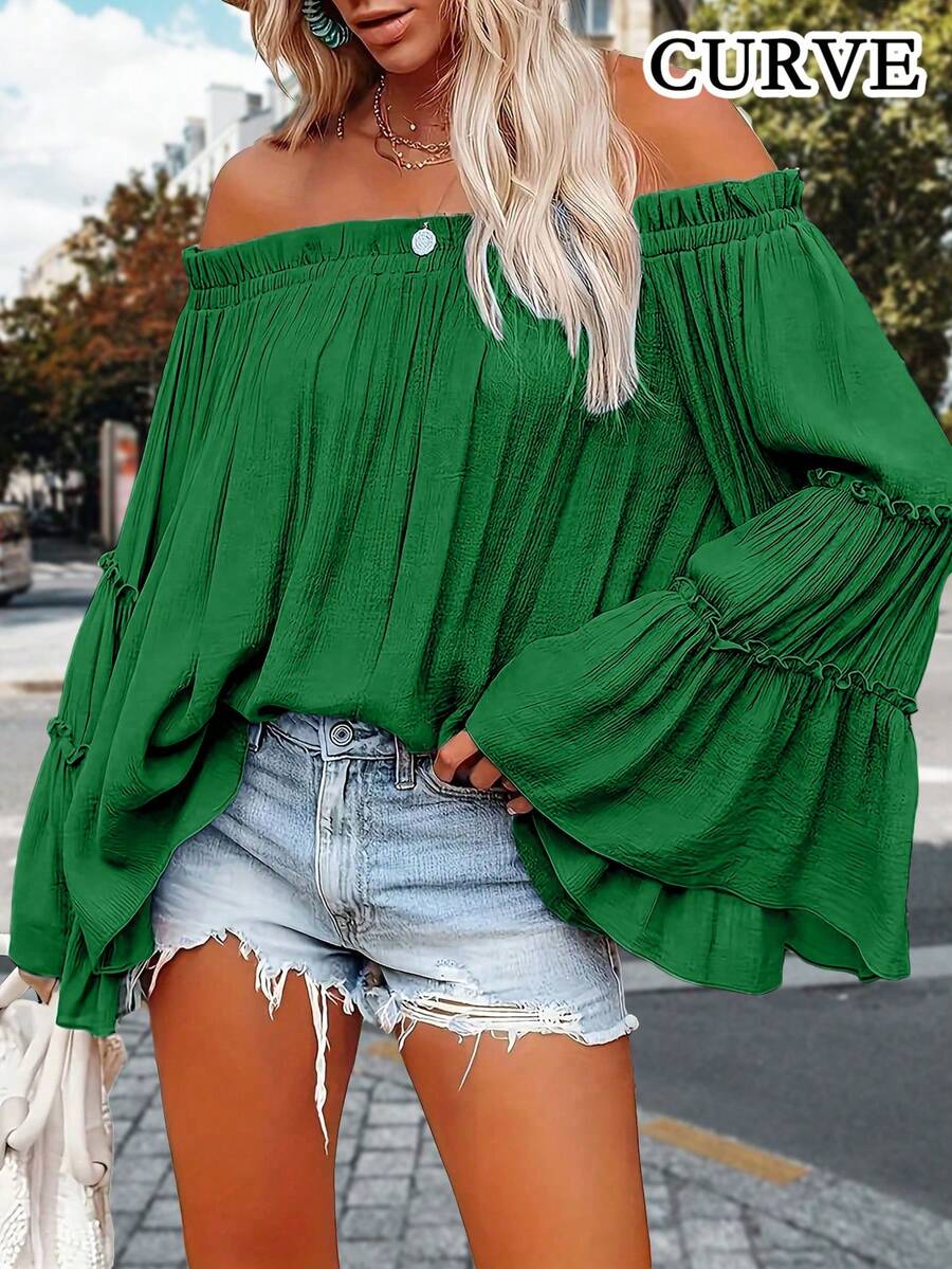 Camicetta da donna con spalle scoperte, maniche a volant e colore unito