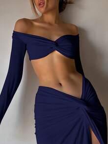 女士性感褶皱露肩短款上衣和开衩半裙两件套 时尚派对度假优雅假日秋冬服装 春季 - 藏蓝色 - 查看 4