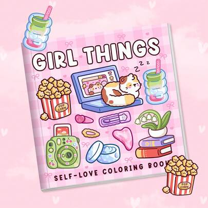 1本少女主题成人涂色书 | 新款少女涂色书，包含各种精致的日常用品、日记本、化妆品等。舒适的插图，假期在家也能交朋友，创意礼物 | 返校/学习用品