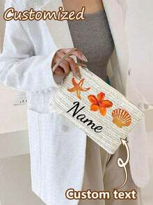 个性化女士手拿包（可定制姓名）、个性化草编钱包、草编钱包、女士拉链手提包 - 优雅条纹卡其色手机包，是生日、周年纪念日、母亲节和感恩礼物的完美之选，适合大学生、初中生、高中生、返校季、旅行、户外活动，也适合青少年女孩、学生、白领、教师、上班族、商务人士、通勤族、户外爱好者、海滩度假者、旅行族、郊游族、假日出行等各种场合。