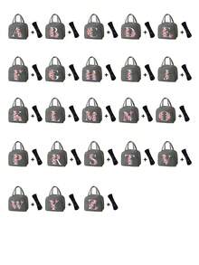 2 件 - 字母印花图案保温袋和餐具收纳袋、保温午餐袋 - 粉色花朵和白色字母图案、手提包、午餐盒、冰袋、野餐食品手提包、帆布轻便便携式午餐收纳袋