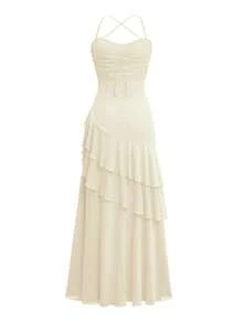 Robe maxi femme Vaiaye, style tropical hawaïen bohème pour vacances à la plage. Couleur unie, élégante, avec bretelles spaghetti, dos nu et fente haute. Convient pour la Saint-Valentin - Nude - Voir 4