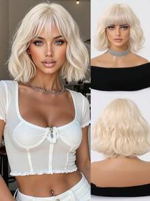 Fashionable Realistic Gold 10-Inch Bob Short Curly Wig With Bangs, Heat-Resistant Synthetic Hair, Suitable For Women, Natural And Beautiful, Easy To Style, Perfect For Daily Work, Study, Life And Cosplay, Halloween - Gold - View 3