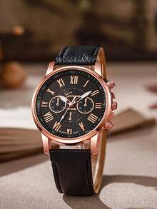 1 件时尚 PU 皮革表带合金石英表