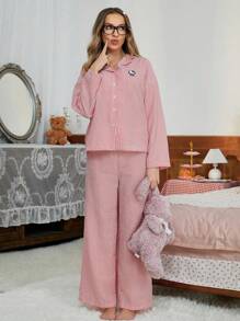 Sanrio [WONDER WORLD]2pcs Hello Kitty Women Striped Print Button Front Long Sleeve Pajama Set + Drawstring Waist Pants, Cute Sleepwear Suit - Red and White - View 4