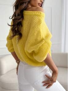 Women's Yellow Knit Pullover Sweater, Elegant Daily Wear, Long Sleeve Sweater For Travel, Autumn/Winter - Yellow - View 2