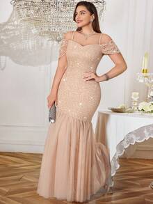 Plus Size Off-Shoulder Sequin Floral Lace Contrast Mesh Ruffle Mermaid Long Evening Gown, Suitable For Wedding Guest, Graduation, Holiday, Homecoming - Champagne - View 6