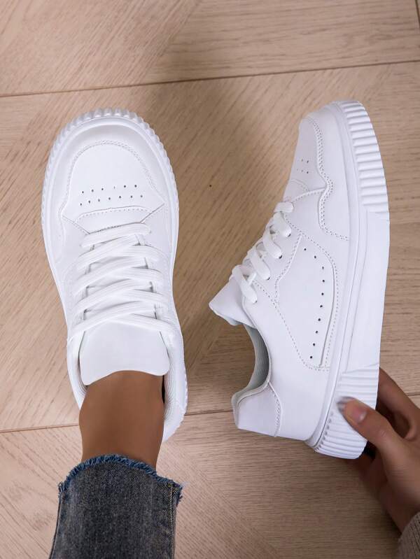Women's Classic White Low-Top Sneakers - Casual, Durable, Non-Slip Lace-Up Shoes For Running, Walking & Casual Attire, Round Toe, All-Season Design, Comfortable EVA Sole, Easy To Clean, Everyday Footwear | Round Toe Sneakers | Synthetic Cover Shoes