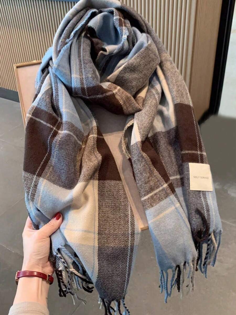 1 Khăn choàng tua rua kẻ caro giả cashmere dành cho nữ, Khăn choàng đa năng giữ ấm mùa thu/đông, Khăn choàng cổ học sinh dùng hàng ngày cho trang phục - Màu xanh lam - Xem 1
