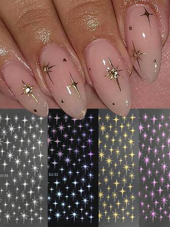4 Pieces Of Metal Laser Starry Nail Art Stickers - Gold, Silver, Laser. Purple Hot Stamping Cross Star Design, 3D Flat Technology, Suitable For Women's Daily, Wedding, Festival, And Vacation Disposable Self-Adhesive Nail Stickers, Simple And Luxurious Theme Style, Easy To Stick Nail Decoration Stickers
