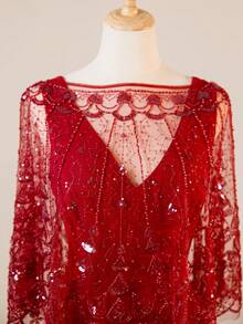 雪纺 V 领无袖连衣裙配蕾丝披肩，圣诞晚礼服配免费披肩 - 紅色 - 查看 6