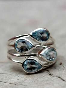 1枚优雅多层镂空天蓝色水晶女士厚银鸡尾酒戒指，正面腕部缠绕式金属银戒指，适合日常佩戴 - 銀色 - 查看 2