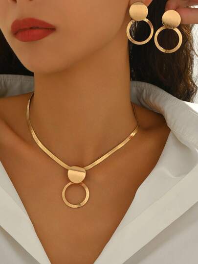 3pcs Elegant Minimalist Geometric European Style Necklace & Earrings Jewelry Set