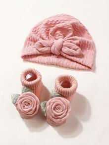 1pc Rabbit Ear Baby Hat And 1 Pair Rose Flower Baby Socks, Suitable For Daily Use, 0-1 Years Old - 3pcs - View 2