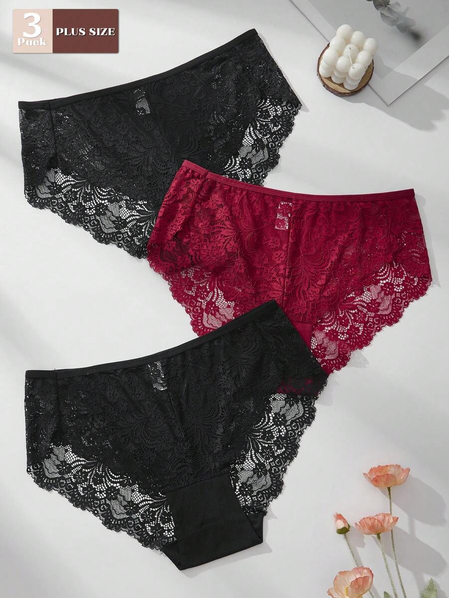 3pcs/Pack Women Plus Size Lace Trim Loose Comfortable Briefs, Autumn/Winter - Multicolor - View 1
