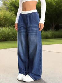 青少年秋季时尚蓝白条纹休闲宽松阔腿裤，现代版型，时尚舒适，非常适合日常外出、公园散步。 - 深色水洗藍 - 查看 6