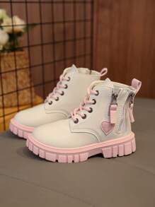 1 Pair White Infant/Toddler Children's Military Boots, Solid Color, Soft Matte Fabric, Inside Zipper, Front Lace-Up Design, Round Toe, Warm, Thick Sole, Wear-Resistant, British Style Classic Short Boots, Suitable For Boys/Girls, Students, Casual, Holiday, Party, Autumn/Winter New