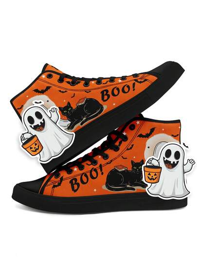 Women's Halloween 3D Ghost High-Top Sneakers, Cute Cartoon Pumpkin Print, 3D Ghost Accessory, Lace-Up, Lightweight And Comfortable, Costume Shoes, Fall Streetwear For Men And Women