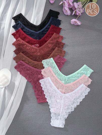 10 Pairs Women Lace Trimmed Sexy Bikini Panties