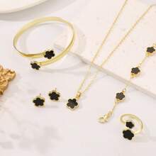 6 pezzi set di gioielli in lega a forma di foglie e quadrifogli per donne - bracciale, collana, orecchini a perno, ciondolo a fiore della fortuna