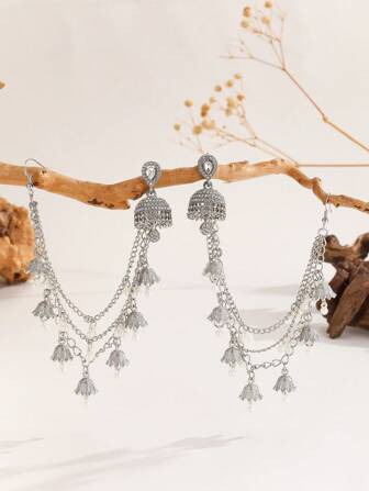 1 set moderiktigt smyckeset, avtagbara kristalldroppsörhängen med pärlklockor, huvudbonad och örhängeskombination, kan konverteras till 4 delar långa Jhumki-smycken, lämpliga för kvinnors vardag, festival, bröllop och festkläder/brudaccessoarer/smyckespresent