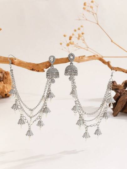 1 Set Fashionable Jewelry Set, Detachable Crystal Teardrop Earrings With Faux Pearl Bells, Headpiece & Earring Combo Set, Convertible To 4pcs Long Chain Jhumki Jewelry, Suitable For Women's Daily, Festival, Wedding And Party Wear/Bridal Accessories/Jewelry Gift