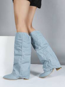 Women's Light Blue Pleated Pointed Toe Chunky Heel Mid-Calf Boots, Fashionable And Versatile, Suitable For Socialite Outings - Blue - View 2