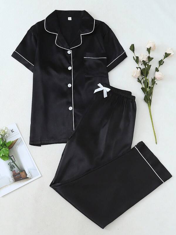 2pcs Satin Solid Color Pajama Set, Short Sleeve Lapel Top And Bowknot Long Pants, Women Sleepwear Loungewear