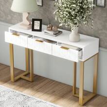 Modern Console Table With Drawers, Gold-Colored Frame, Adjustable Foot Pads And Elegant Handles (White + Gold) - Gold + White + MDF - View 3
