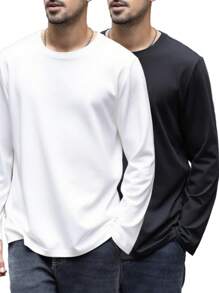 两件装男士休闲长袖T恤，简约时尚，适合日常穿着和旅行 - 黑與白 - 查看 2