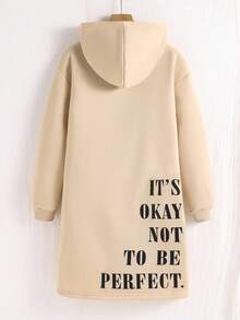 1pc Tween Girls Plush Thickened Hooded Mid-Length Sweatshirt Dress, Letter Logo Print Front And Back, Loose Casual Versatile Dress, Autumn/Winter - Apricot - View 2