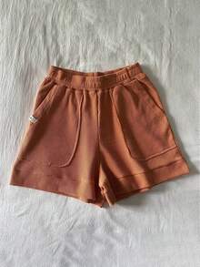 Verano de las mujeres de cintura alta Slim Loose Casual Peplum Pantalones de pierna ancha Inicio Shorts Conjunto de dos piezas,Poliéster Casual Shorts Conjunto de dos piezas,Waffle Sport Shorts,Pantalones cortos casuales de las mujeres - Blanco y bronce - Ver 3