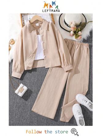 Left Mama 2pcs/Set Girls' (Bigger Tween Girl) New Arrival Autumn Collared Long Sleeve Shirt Top & Pants