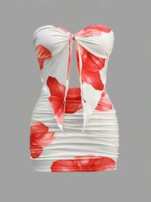 女式夏季印花图案假日吊带背心和褶饰迷你裙两件套 - 白色 - 查看 3