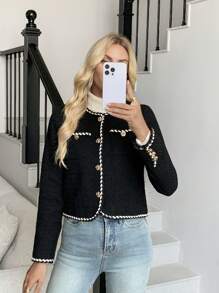 Ladies' Color-Blocked Tweed Jacket With Front Buttons, Retro And Elegant Short Style, Fashionable For Parties And Office Wear, Casual Tweed Coat, Collarless Top For Autumn - Black - View 7