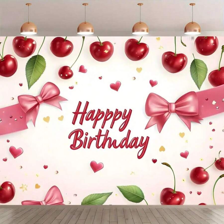 1 pieza Fondo de poliéster con mariposa Cherry Feliz Cumpleaños, decoración multifuncional roja dulce de niña Chery, sin necesidad de accesorios de estudio fotográfico