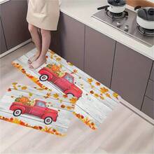 1/2 piezas Alfombra de piso de otoño y Acción de Gracias, hojas de arce amarillas clásicas y alfombras de suelo de cocina con estampado de camión rojo rellenas con calabaza, perfectas para uso en interiores/exteriores, familia, cocina, comedor, decoración de atmósfera de Accións
