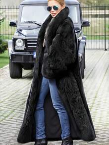 Chic Women's Black Faux Fur Coat Loose Fit Long Length Regular Long Sleeve Fuzzy Detail Waterfall Neckline