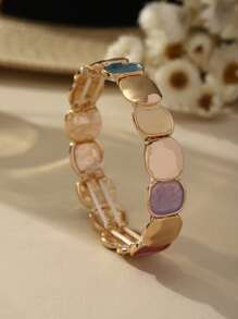 Elegant Vintage Minimalist Style Elastic Zinc Alloy Bracelet For Women - KC Gold Plated Oval Glossy & Matte Design, Versatile For Daily Wear, Formal Events, Sophisticated Gift