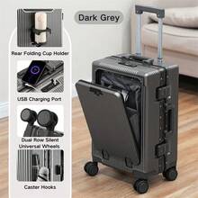 1pc Front Opening 20-Inch Carry-On Luggage With USB Port & Cup Holder & Phone Holder, Versatile Aluminum Framed Carry On Suitcase With Spinner Wheels And Laptop Compartment Pocket, High-Value Durable Hardside Luggage, Password Lock Trolley Case - 深灰色 - 查看 2