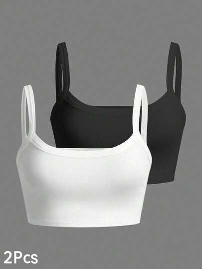 2Pcs Women's Simple Thick Strap Camisole Top, Cropped,For Summer&Spring,Casual/Simple/Elegant/Sexy/Street/Y2K Style,For/Office/Home/Street,Ute Tops,Elegant Women,Sexy Club,Casual Summer,Summer Top,Cute Summer Tops,Brunch Women,Casual Women,Spring,Summer Tops,Graphic Tops
