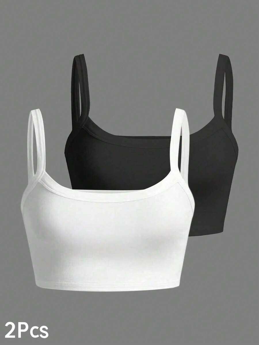2pcs Women Casual Solid Color Slim Fit Wide Strap Tank Top, Suitable For Daily Wear, Outing, Spring & Summer, Cropped Length
